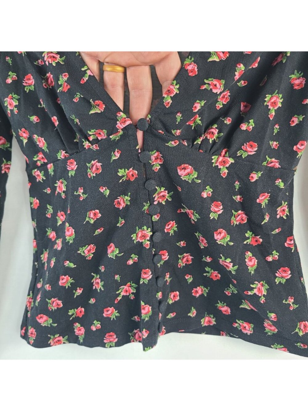 NWOT Sézane Lydia Black Floral Button-Front Long-Sleeve Top Size S Cotton Blend - Picture 3 of 7